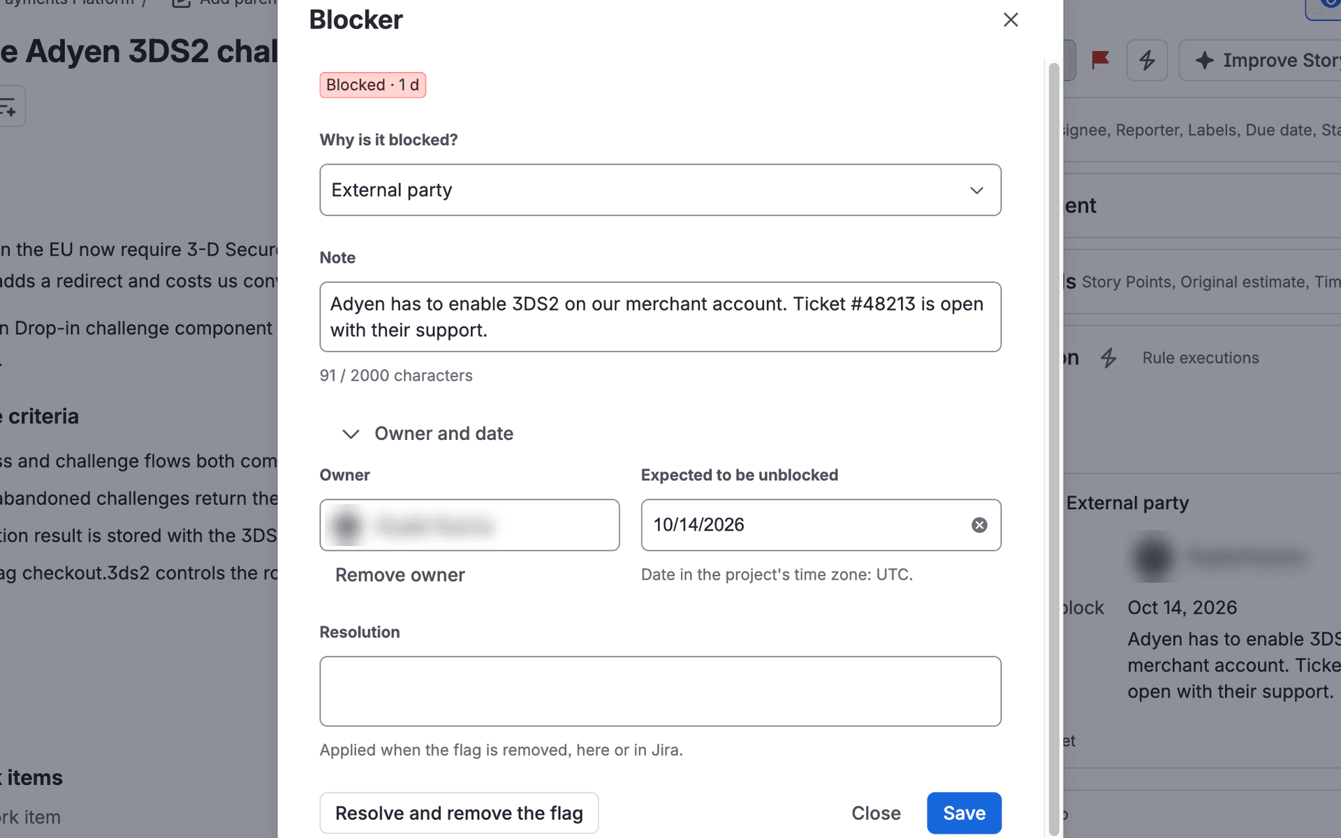 Der Dialog „Blockade“, geöffnet über das •••-Menü des Vorgangs, mit Grund, Notiz, verantwortlicher Person, voraussichtlichem Aufhebungsdatum und Lösung
