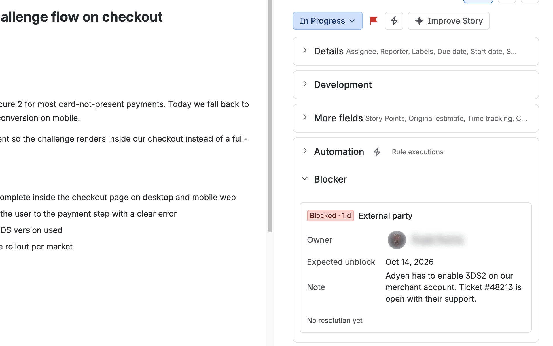 Der Bereich „Blockade“ in einem Jira-Vorgang mit „Markiert, kein Grund“ und der Liste „Warum ist der Vorgang blockiert?“